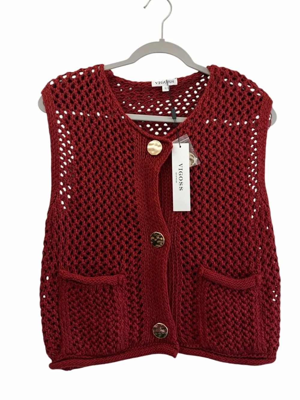 NWT Vigoss Office Career Deep Red Crochet Knit Button Vest Gold Buttons Large